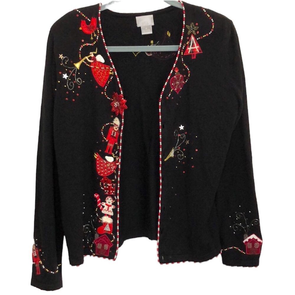 Berek black Christmas cardigan size Medium beaded sequins & embroidered holiday